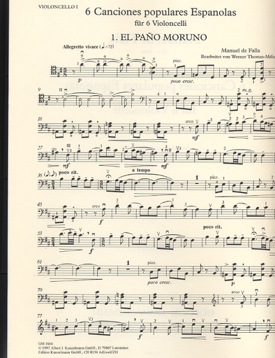 DeFalla (Thomas-Mifune): 6 Canciones Populares Espanolas (6 cellos)