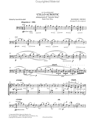 Del Tredici, David: Cello Acrostic from Final Alice (cello solo)
