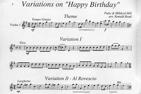 Hill, Mildred (Read): Happy Birthday Theme and Variations (string quartet)