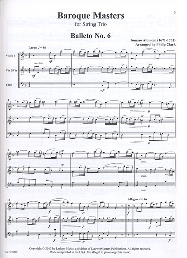 Clark, Philip: Baroque Masters for String Trio (violin, viola, cello with optional violin 2 for viola part) score & parts