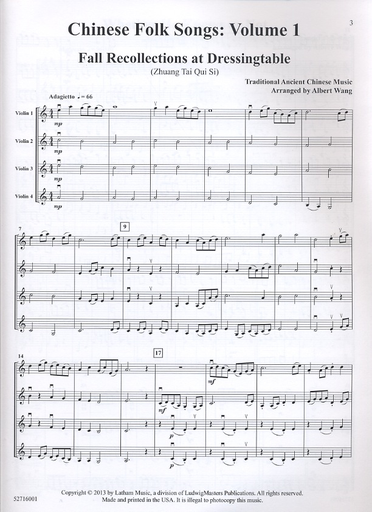 Wang, Albert: Chinese Folk Song, Vol. 1 (for Violin Duo, Trio or Quartet) score and parts