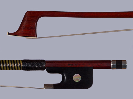 Joseph HALLIGAN cello bow, round Pernambuco stick with ebony & silver frog, USA, 81.9 g.