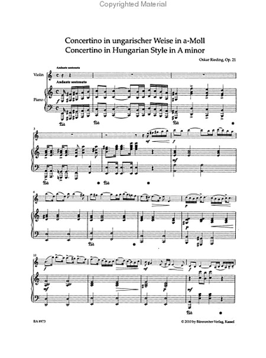 Rieding, O. (Sassmannshaus): Concertino in Hungarian Style in a minor, Op. 21 (violin & piano) Barenreiter