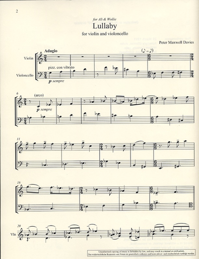 Davies, Peter Maxwell: Lullaby for Violin and Cello, 2002