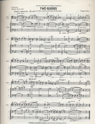 Nixon, Roger: Two Elegies for Solo Cello and 2 accompanying cellos, score & parts