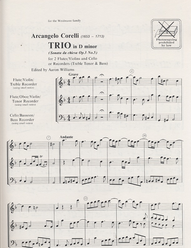 Corelli, A: Trio (2 Violins & Cello) score & parts