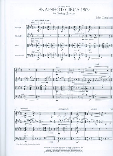 Corigliano, John: Snapshot circa 1909 (string quartet) score and parts