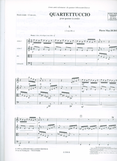 Dubois, Pierre Max: Quartettuccio (string quartet) score and parts