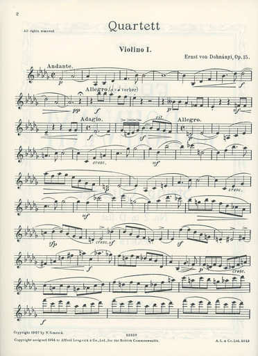 Dohnanyi, Ernst von: Quartet No. 2 in Db Op.15 (string quartet) SPECIAL IMPORT