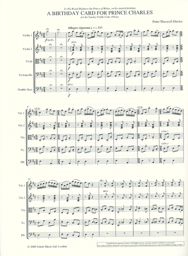 Davies, Peter Maxwell: A Birthday Card for Prince Charles (string quartet) score and parts