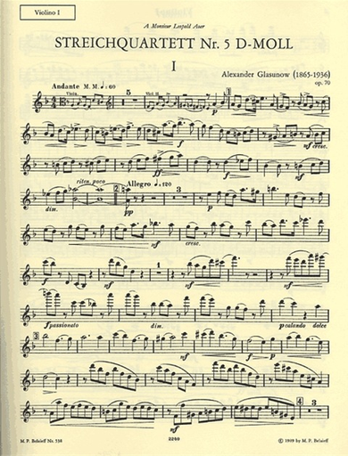Glazunov, A.K. String Quartet No. 5 in d minor, Op. 70 parts