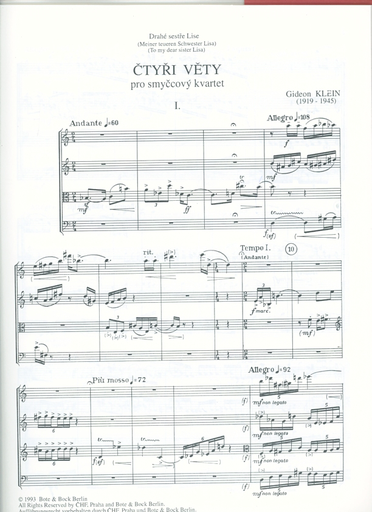 Klein, Gideon: Certyri Vety-Four Movements for String Quartet, 1938 (score and parts)