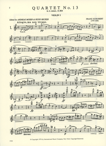 Schubert, F.: Three Celebrated Quartets for two violins, viola and cello (parts)