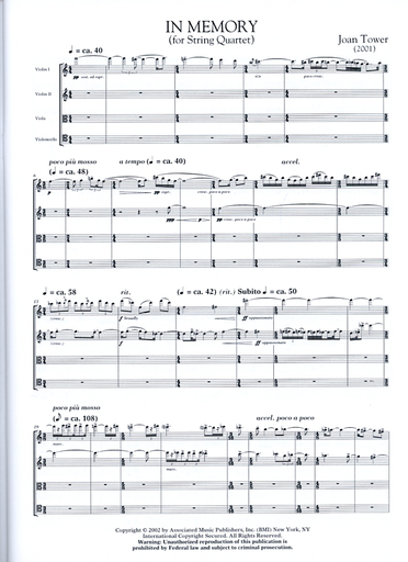 Tower, Joan: In Memory (string quartet) score and parts