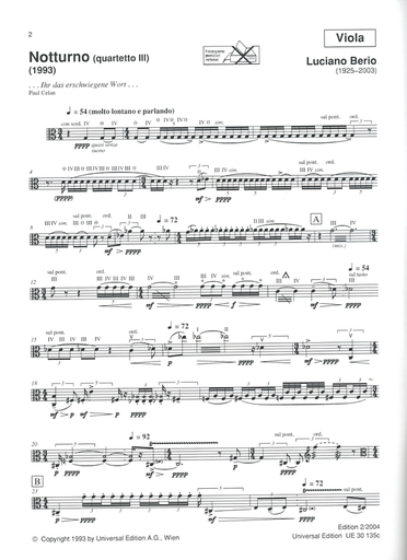 Berio, L.: Notturno for String Quartet; Quartetto III - 1993 (2 violins, viola, and cello)