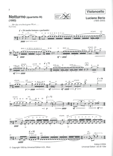 Berio, L.: Notturno for String Quartet; Quartetto III - 1993 (2 violins, viola, and cello)
