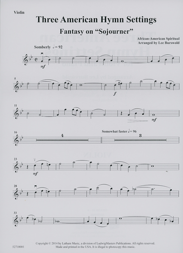 Burswold, Lee (arr): Three Amerrican Hymn Settings for violin and piano