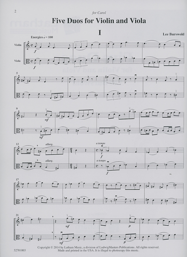 Burswold, Lee: Five Duos for Violin and Viola, score & parts