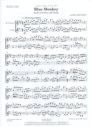 Bernofsky, L.: Blue Monkey for Bb Clarinet and Violin (violin, and clarinet)