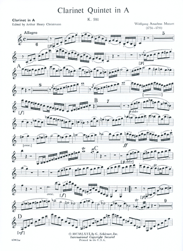 Mozart, W.A.: Clarinet Quintet in A K.581 (clarinet, 2 violins, Viola, Cello)