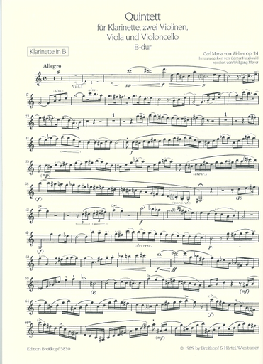 Weber, Carl Maria von: Quintet in B flat major, op. 34 (string quartet and clarinet)