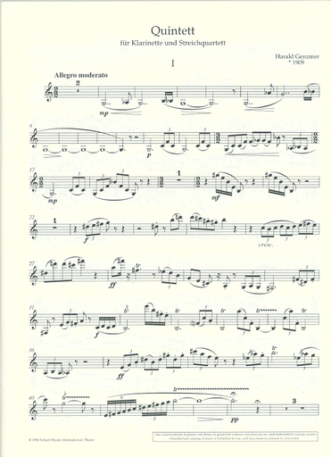 Genzmer, Harald: Quintett for clarinet and string quartet (score & parts)