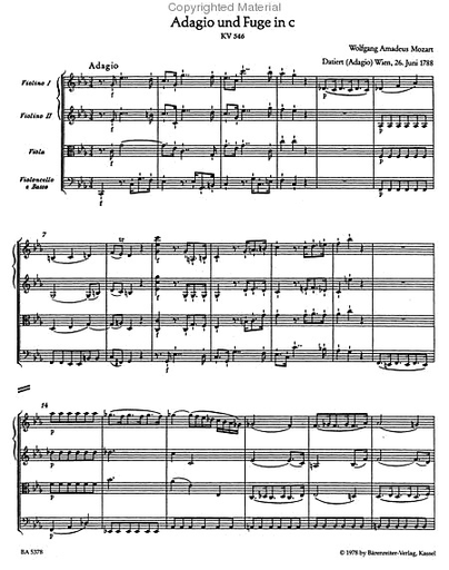 Mozart, W.A.: Adagio and Fugue in C minor KV 546 score and parts (String Quartet) Barenreiter