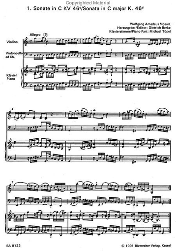 Mozart, W.A.: 2 Sonatas K46d, e 2 Sonatas for Violin and Cello with Piano accompaniment, Barenreiter