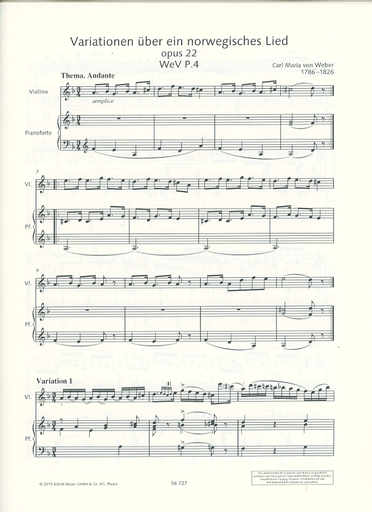 Weber, Carl Maria von: Variations on a Norwegian Tune, Op. 22 (violin & piano)