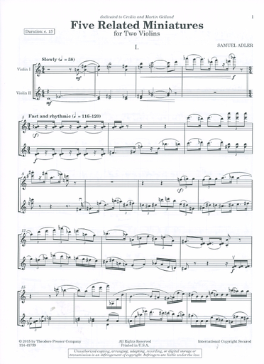 Adler, Samuel: Five Related Miniatures for Two Violins - set of two performance scores