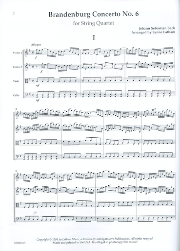 Bach, J.S. (Latham): Brandenburg Concerto No. 6 arranged for string quartet (score & parts)