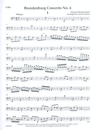 Bach, J.S. (Latham): Brandenburg Concerto No. 4 arranged for string quartet (score & parts)