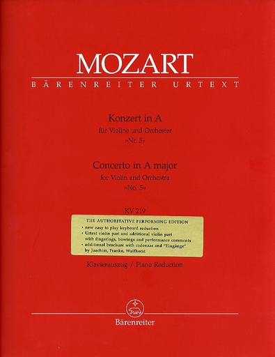 Mozart, W.A.: Concerto #5 in A Major for Violin and Orchestra, No.5, K.219 - Urtext (violin, & piano) Barenreiter