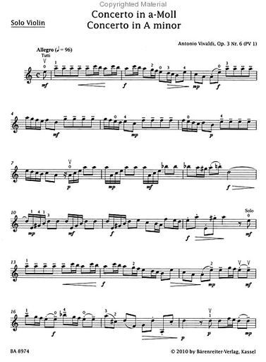 Vivaldi, Antonio (Sassmannshaus): Concerto in a minor Op.3 No.6 (violin & piano) Barenreiter