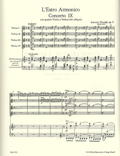 Vivaldi, A.: Concerto #9 in F - L'estro armonico (4 violins & piano) Barenreiter