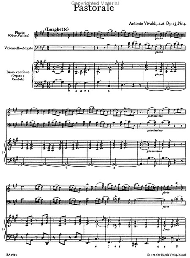 Vivaldi, A.: Pastorale "Il pastor fido" (violin or flute, Cello, Piano) Barenreiter