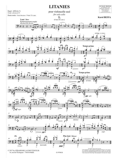 Beffa: Litanies (cello) Billaudot