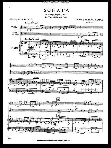 Handel, G.F.: Sonata in F Major Op. 2, No.3 (two violins, and piano)