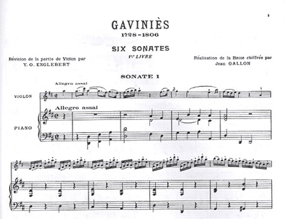 Gavinies, Pierre: Six Sonatas Bk.1 #1-3 (violin & piano)