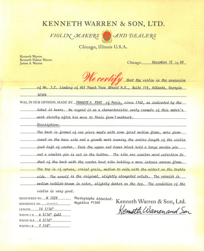 Francois Fent violin, Paris, with Warren certificate | Metzler Violins
