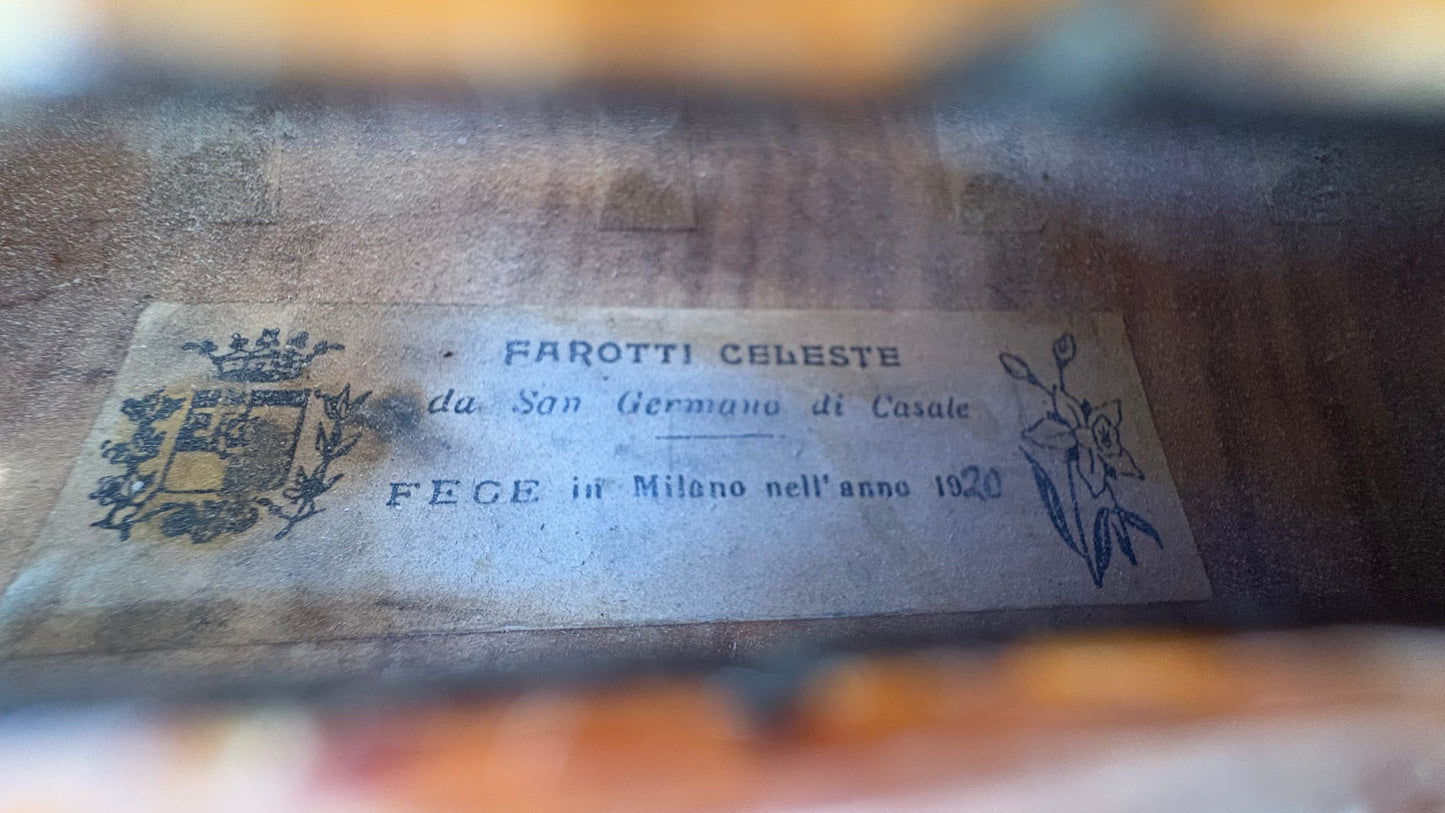 Celeste Farotti violin, Milan, 1920, with Wurlitzer and Moennig certificates | Metzler Violins