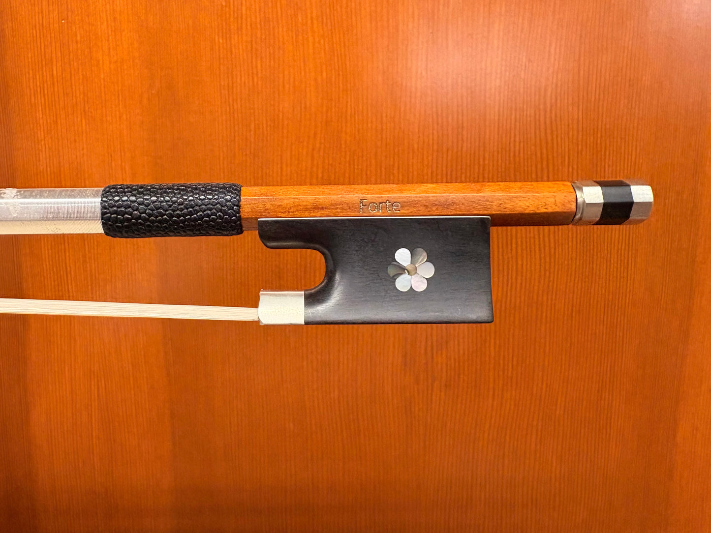 Forte pernambuco violin bow, nickel-mounted ebony frog,