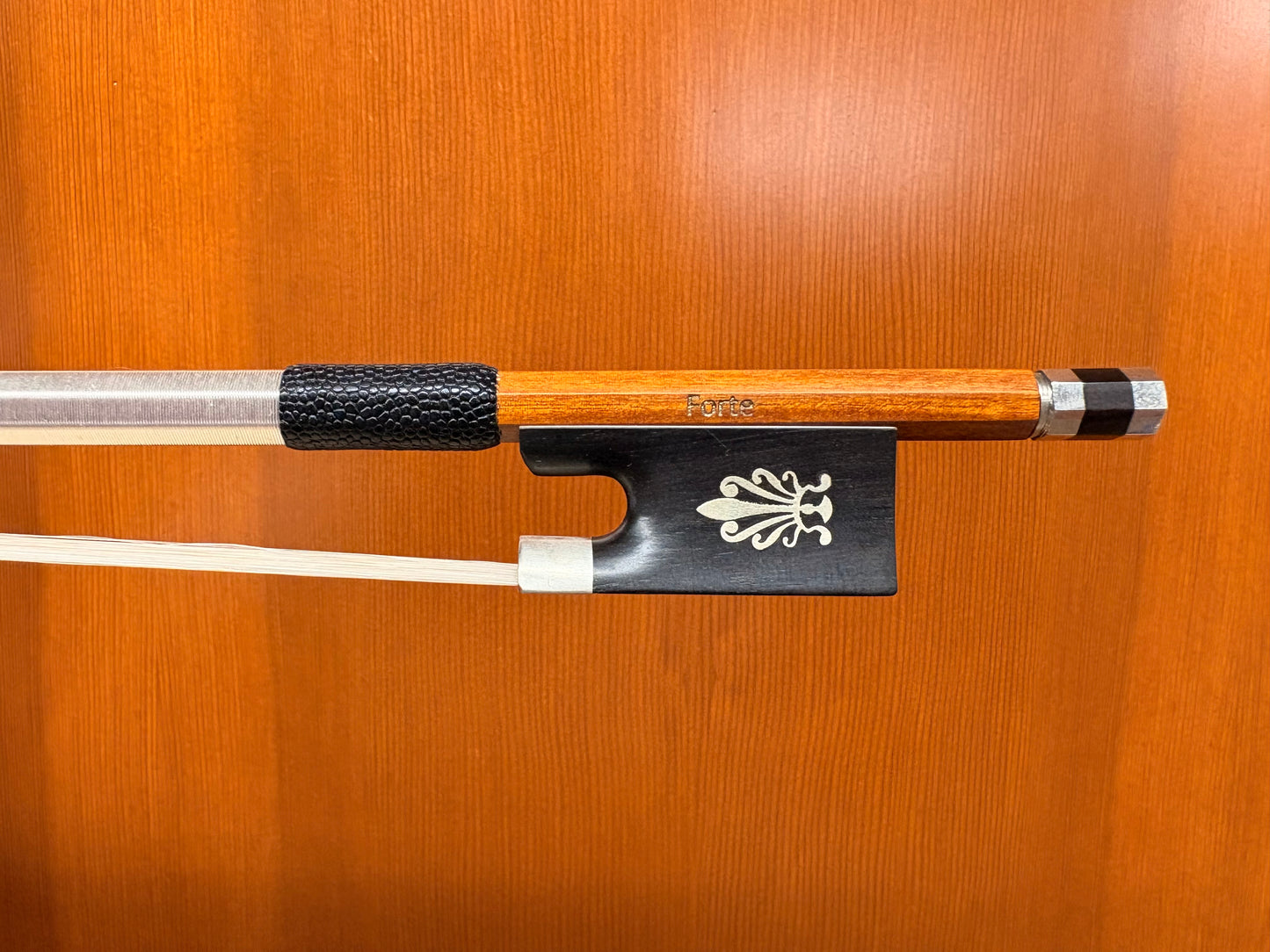 Forte pernambuco violin bow, nickel-mounted ebony frog,
