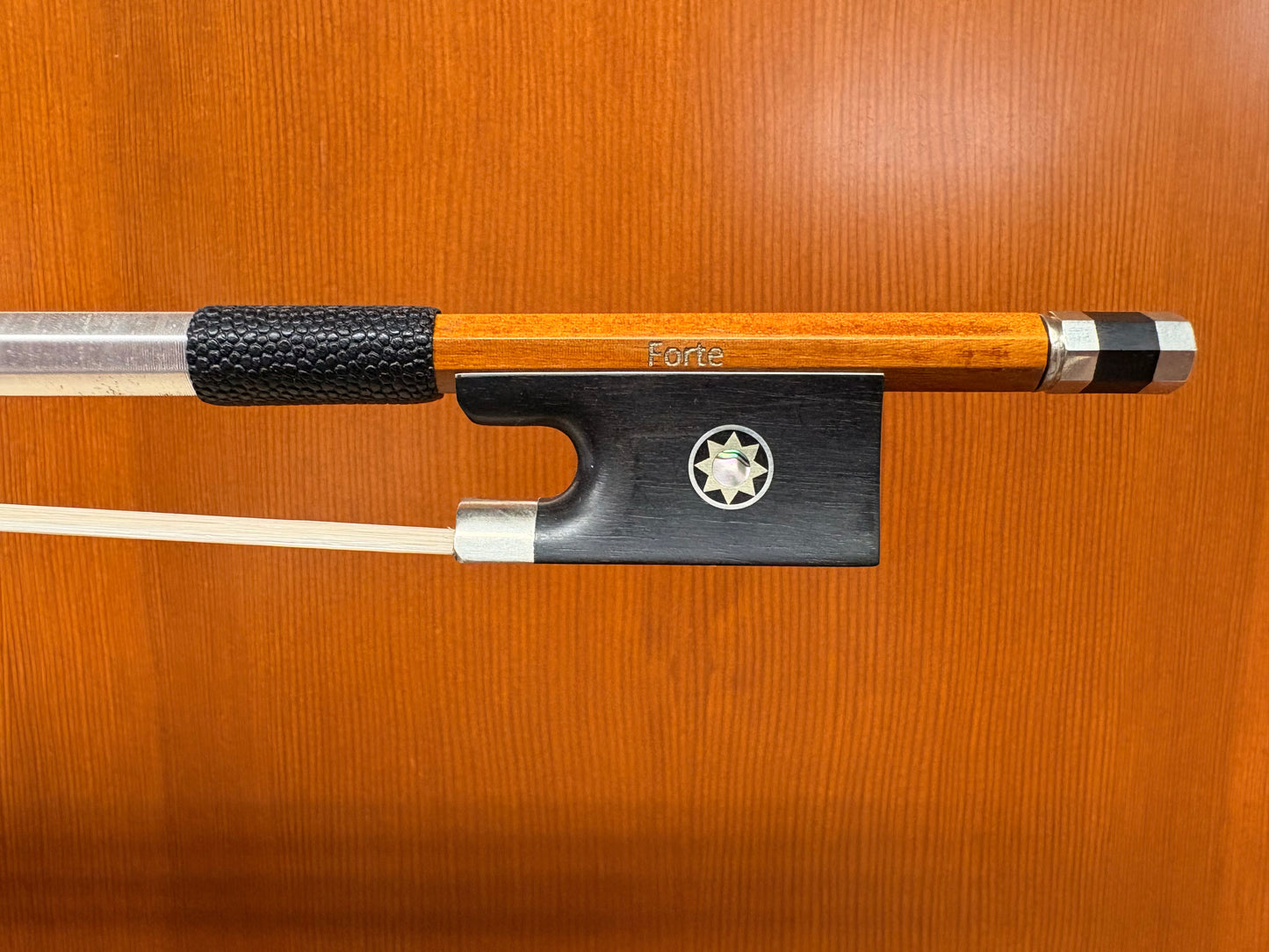 Forte pernambuco violin bow, nickel-mounted ebony frog,