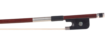 Pernambuco cello bow, unbranded, round stick, with silver-mounted ebony frog