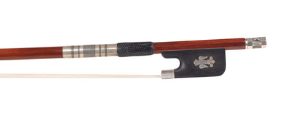 Unbranded modern silver-mounted Pernambuco cello bow with large Fleur-de-Lys