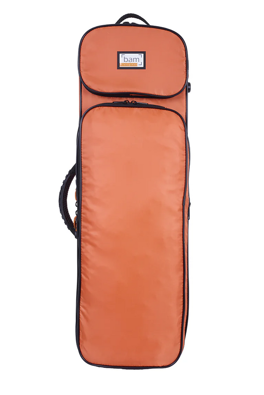 Orange BAM violin case with a visible brand logo on a white background