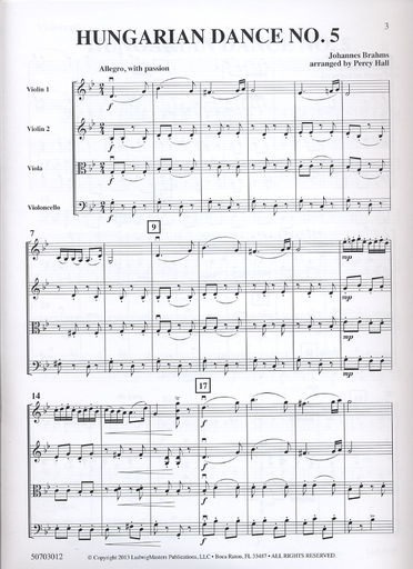 Brahms (Hall): (score/parts) Hungarian Dance No.5 - ARRANGED (string quartet) LudwigMasters