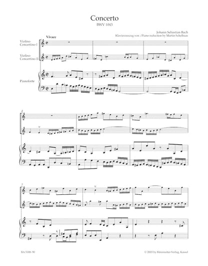 Bach, J.S.: Concerto in D minor, BWV1043 urtext (2 violins, and piano) Barenreiter