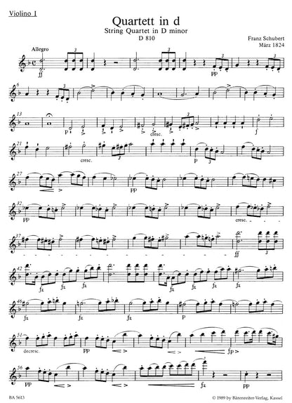 Schubert, Franz: "Death & the Maiden" String Quartet in D minor,  D 810, Barenreiter Urtext